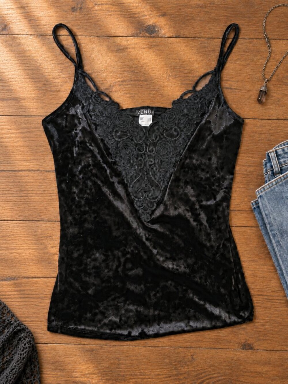Black Crushed Velvet Lace Camisole VENUS L Romantic Goth Whimsigoth
